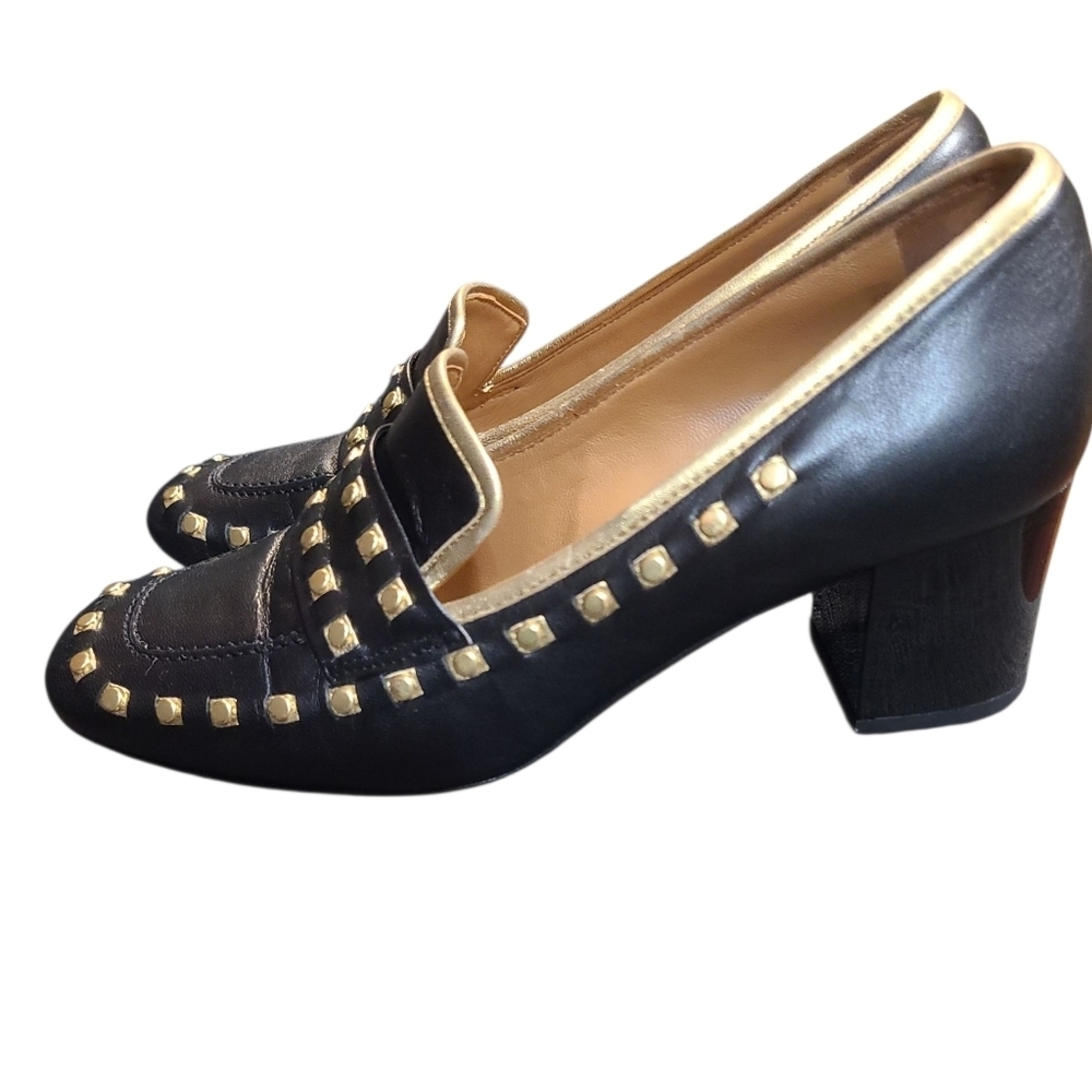 Tory Burch Black Heeled Loafers with Gold Accents Size 6 - Picture 2 of 5